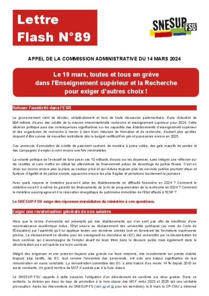 Le 19 mars, toutes et tous en grève dans l’Enseignement supérieur et la Recherche pour exiger d’autres choix ! - Lettre flash n°89 - Appel de la CA du 14 mars 2024 