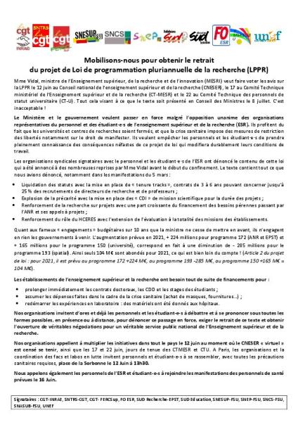 Mobilisons-nous pour obtenir le retrait du projet de Loi de programmation pluriannuelle de la recherche (LPPR) - Communiqué intersyndical de l'ESR du 10 juin 2020 Mobilisons-nous pour obtenir le retrait du projet de Loi de programmation pluriannuelle de la recherche (LPPR) - Communiqué intersyndical de l'ESR du 10 juin 2020