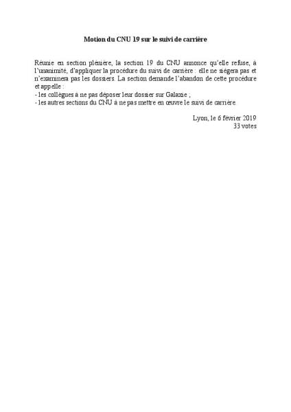 Motion de la 19ème section du CNU sur le suivi de carrière, 6 février 2019