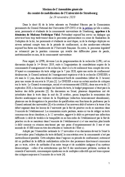 Université de Strasbourg : Motion de l’assemblée générale du comité de mobilisation - 19 novembre 2020 Université de Strasbourg : Motion de l’assemblée générale du comité de mobilisation - 19 novembre 2020