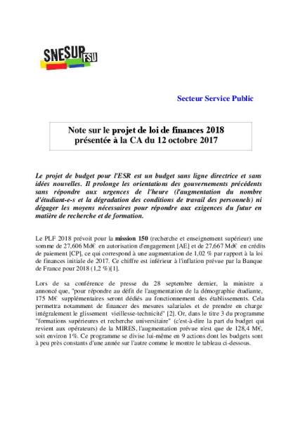 Note sur le projet de loi de finances 2018 Note sur le projet de loi de finances 2018