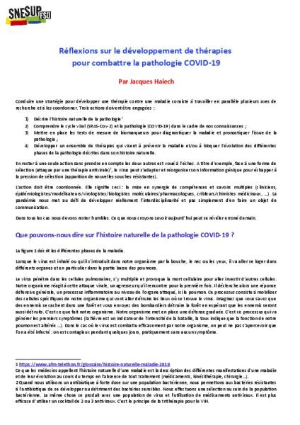 Réflexions sur le développement de thérapies pour combattre la pathologie COVID-19, par Jacques Haiech, 25 mars 2020 Réflexions sur le développement de thérapies pour combattre la pathologie COVID-19, par Jacques Haiech, 25 mars 2020