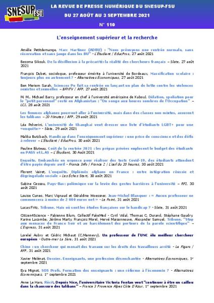 LA REVUE DE PRESSE NUMÉRIQUE DU SNESUP-FSU - Du 27 août au 3 septembre 2021 - N° 110 LA REVUE DE PRESSE NUMÉRIQUE DU SNESUP-FSU - Du 27 août au 3 septembre 2021 - N° 110