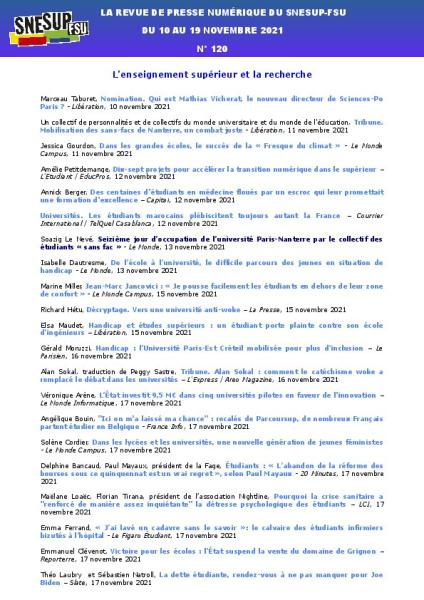 LA REVUE DE PRESSE NUMÉRIQUE DU SNESUP-FSU - Du 10 au 19 novembre 2021 - N° 120 LA REVUE DE PRESSE NUMÉRIQUE DU SNESUP-FSU - Du 10 au 19 novembre 2021 - N° 120