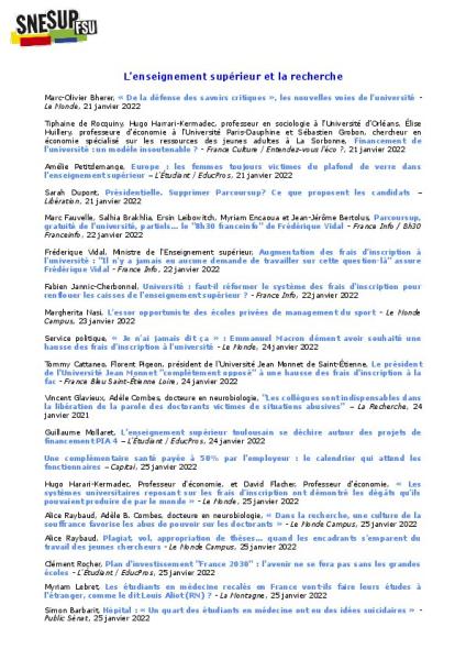 LA REVUE DE PRESSE NUMÉRIQUE DU SNESUP-FSU - Du 21 au 28 janvier 2022 - N° 127 LA REVUE DE PRESSE NUMÉRIQUE DU SNESUP-FSU - Du 21 au 28 janvier 2022 - N° 127
