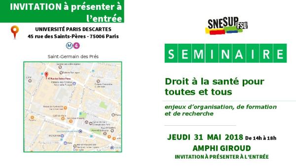 Le SNESUP-FSU organise un séminaire « Santé »  le 31 mai 2018, venez nombreux et nombreuses !