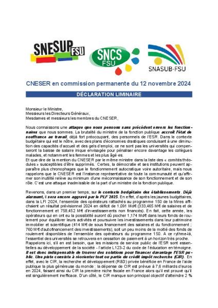 Déclaration liminaire de la FSU au CNESER du 12 novembre 2024 Déclaration liminaire de la FSU au CNESER du 12 novembre 2024