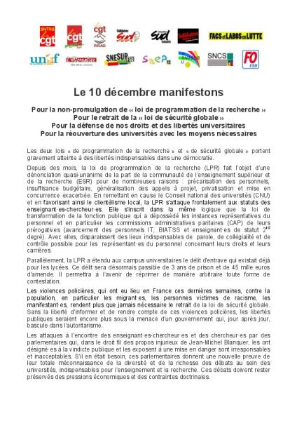 Le jeudi 10 décembre - Appel de l’intersyndicale de l’ESR  à la grève et à la manifestation  - Communiqué intersyndical du 2 décembre 2020 Le jeudi 10 décembre - Appel de l’intersyndicale de l’ESR  à la grève et à la manifestation  - Communiqué intersyndical du 2 décembre 2020