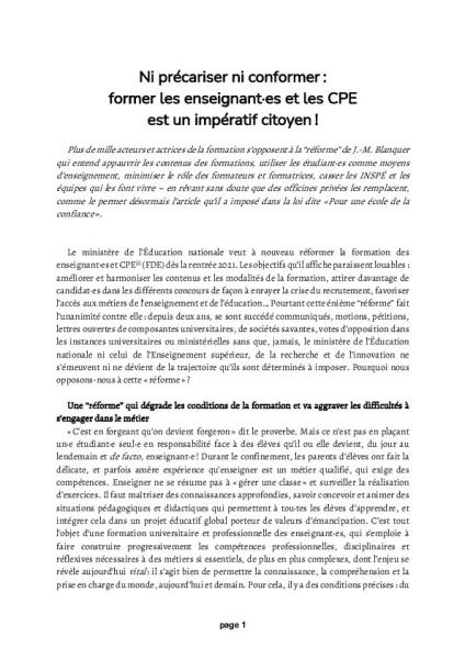 TRIBUNE – Ni précariser ni conformer : former les enseignant·es et les CPE est un impératif citoyen !   TRIBUNE – Ni précariser ni conformer : former les enseignant·es et les CPE est un impératif citoyen !