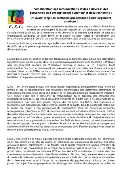 Communiqué de presse FSU du 1er septembre 2020 - Avant-projet de protocole revalorisation Communiqué de presse FSU du 1er septembre 2020 - Avant-projet de protocole revalorisation